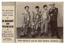 A Night in Venice Postcard, Circa 1929, Featuring Ted Healy and his three Southern Gentlemen -- 5.5 x 3.5 Postcard Promotes Show at the Shubert Theatre -- Very Good